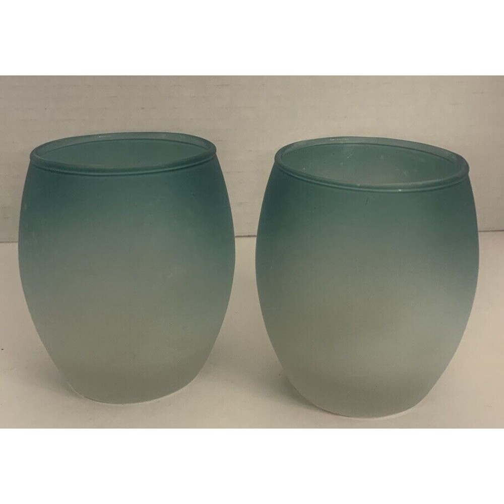 Two Candle Holders Aqua Blue Frosted Air blown..